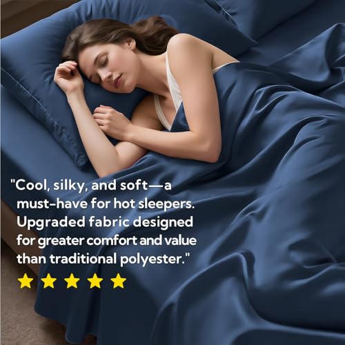 MR&HM Twin Sheets Set, 3-Piece Cooling Sheets, Rayon Derived from Bamboo & Polyester Blend, Soft & Silky, 15" Deep Pockets with Elastic Straps, Hotel Luxury for Hot Sleepers, Navy Blue