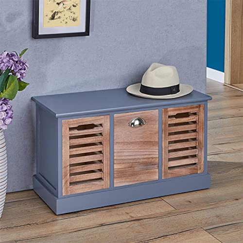 IDIMEX Banc de Rangement TRIENT Meuble Bas Coffre 3 caisses, en MDF et Bois de Paulownia Finition Gris et Bois Naturel Style Vintage Maison de Campagne