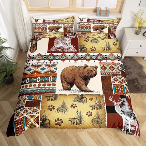 Erosebridal Rustic Cabin Bedding Set Boho Aztec Duvet Cover,Woodland Animals Bear Moose Elk Deer Comforter Cover Queen,Tribal Geometry Diamond Bed Set Vintage Country Cottage Farmhouse Decor cover