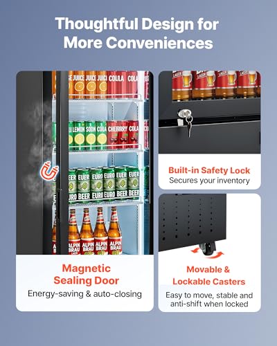 Image of VEVOR Commercial Merchandiser Refrigerator, 12.7 Cu.Ft / 360 L Glass Door Display Refrigerator, Upright Beverage Cooler with Customizable Lightbox, 4 Adjustable Shelves & Soft LED Light for Home Shops