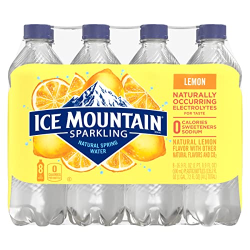 Image of Sparkling Ice Mountain Brand Natural Spring Water, Lively Lemon, 16.9 Fl Oz Plastic Bottle, Pack of 8