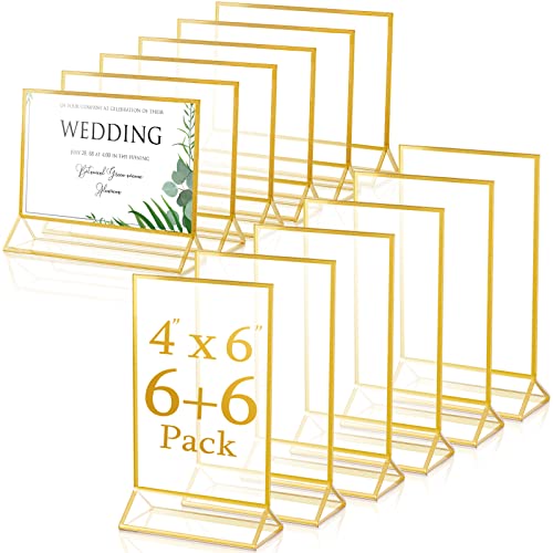 Hoteam 12 Pcs Gold Acrylic Sign Holder 4x6,Horizontal Vertical,4 X 6 Inch