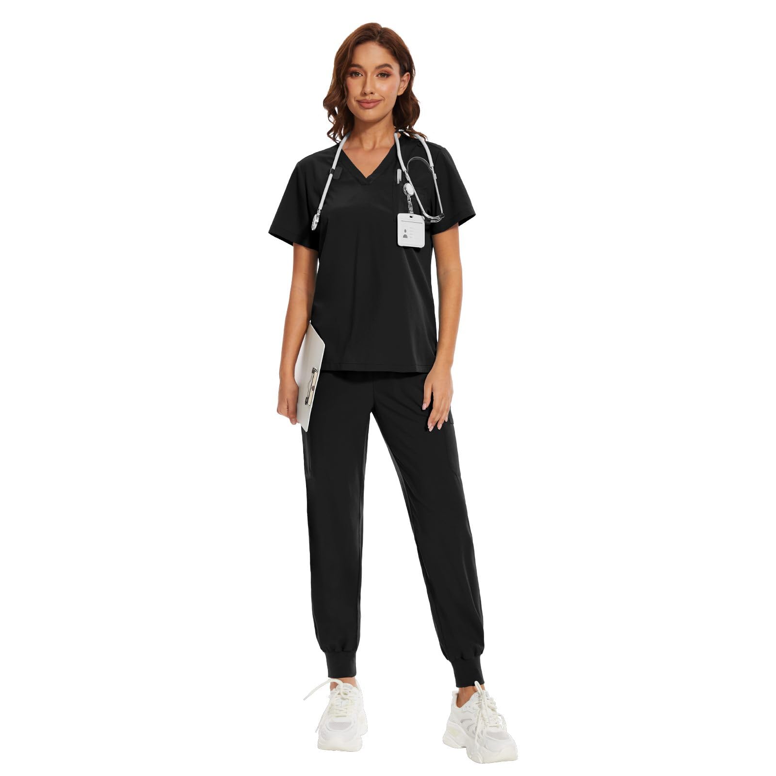 niaahinn Women's Breathable Cool Stretch Scrub Top and Yogger Waistband Pant with Multi-Pockets (Black,M)