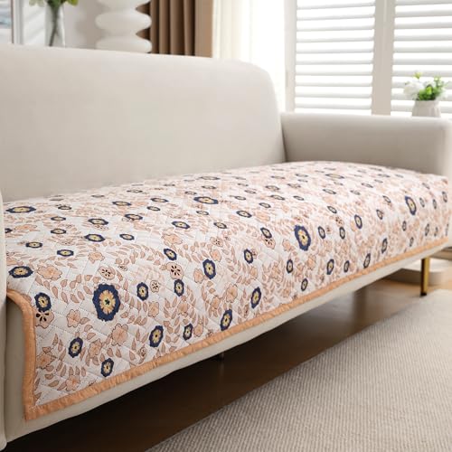 Image of HOKIPO 'HomeHues Series' Printed Quilted 3 Seater Sofa Cover Seat Mat, Light Peach Candytuft (IN-809-D6*1)