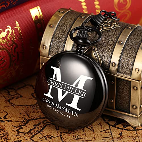 Image of TREEWETO Personalized Pocket Watch for Groomsmen Best Man Custom Engraved Pocket Watches Proposal Gift for Man Wedding Gifts, Groomsman Gifts for Men
