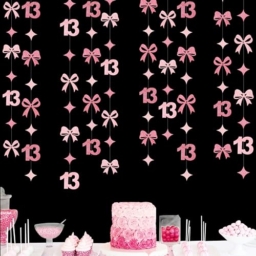 Image of Glitter Pink 13th Bow Birthday Decorations Hot Pink Conquette Bow Garland Streamer Banner Backdrop for Girls Happy 13th Birthday Official Teenager Cheers to 13 Years Old Anniversary Party Supplies