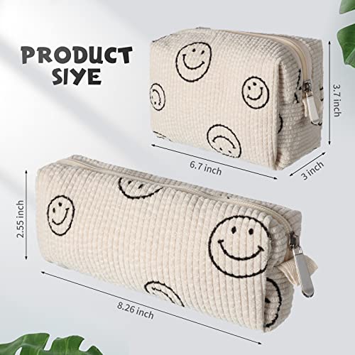 Lounsweer 2 Pieces Smile Face Makeup Bag For Purse Corduroy Makeup Bag Makeup Pouch Cosmetic Bag Preppy Cute Makeup Bag For Women Girl (Beige) #TOP1