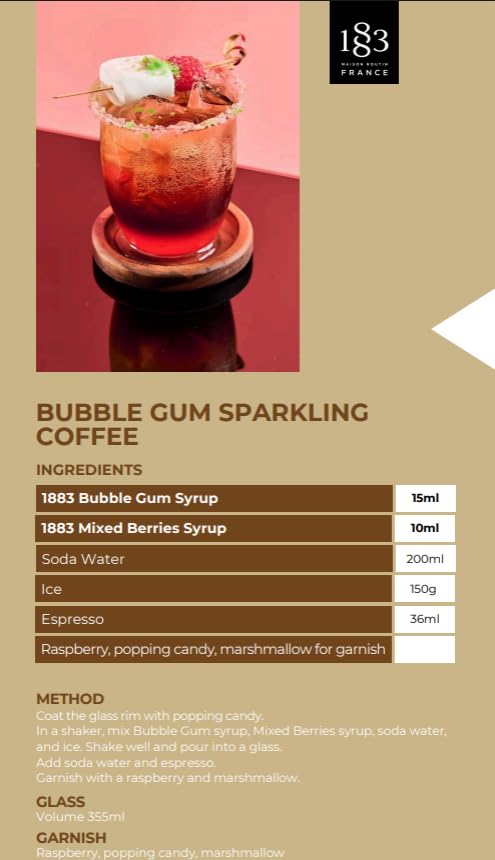 Image of 1883 Bubblegum Syrup for Drinks, Made in France, 1 Liter Glass Bottle