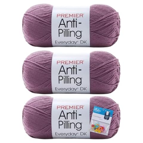 Premier Yarns Everyday DK Anti-Pilling Yarn - 3.5 Oz - #3 Light Weight - 3 Pack Bundle with Bella's Crafts Stitch Markers (Thistle) Cover