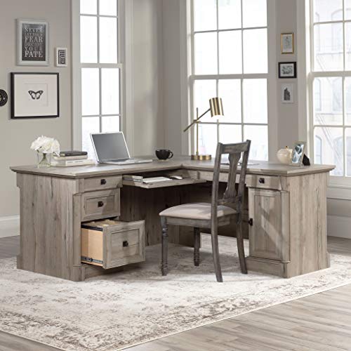 Image of Sauder Palladia L Shaped Desk with Drawers, Office Desk with File Cabinet Storage, Cable Management, Keyboard Tray, in Split Oak finish