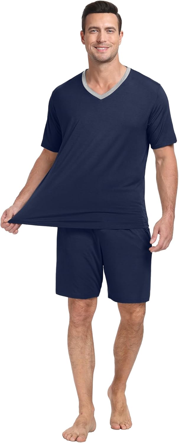 PrinStory Men's Pajama Set Sleepwear Pjs Lightweight Quick Dry Short Sleeve V-Neck Shirts and Shorts Soft Comfy Sleep Sets - Image 4