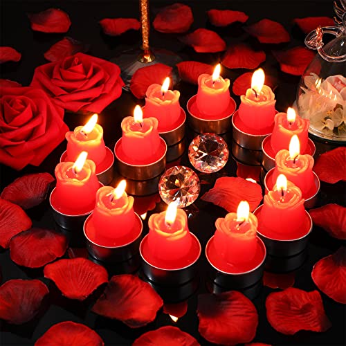 12 Pieces Rose Tealight Candles, Handmade Delicate Redrose Flower Candles, And 200 Pieces Dark-Red Silk Rose Petals, Romantic Rose Petals, For Valentines' Day Holiday Wedding Engagement Decorations #TOP2