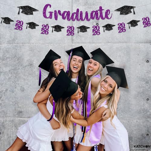 Image of Glitter Purple and Black Graduation Decorations - 10 Feet | Pre- Strung, Congratulations Graduate banner | Black and Purple Graduation Decorations 2026 | Graduation Party Decorations 2026 - KatchOn