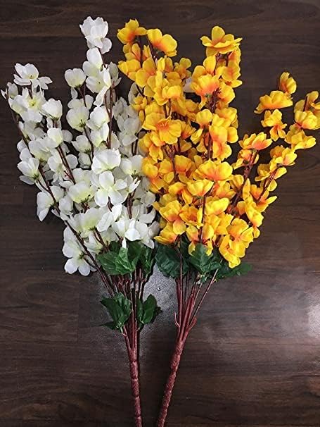 Image of Coolkart Artificial Orchid Flowers, White & Yellow, Set of 2 Bunch | 14 Sticks, Home Garden Indoor /Outdoor Decoration, Made in India