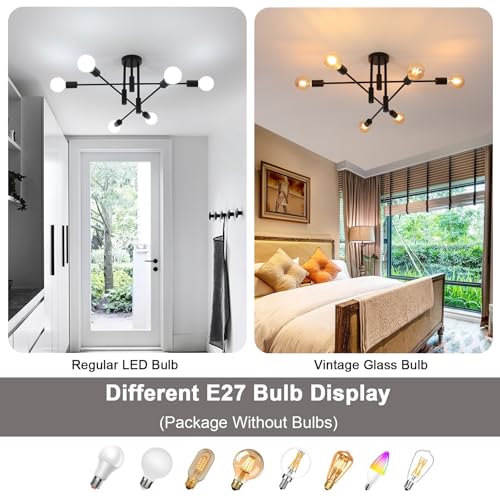 Dorlink Sputnik Ceiling Light, 6-Light Matte Black Flush Mount Ceiling Light, Industrial E27 Sputnik Chandelier - Image 4