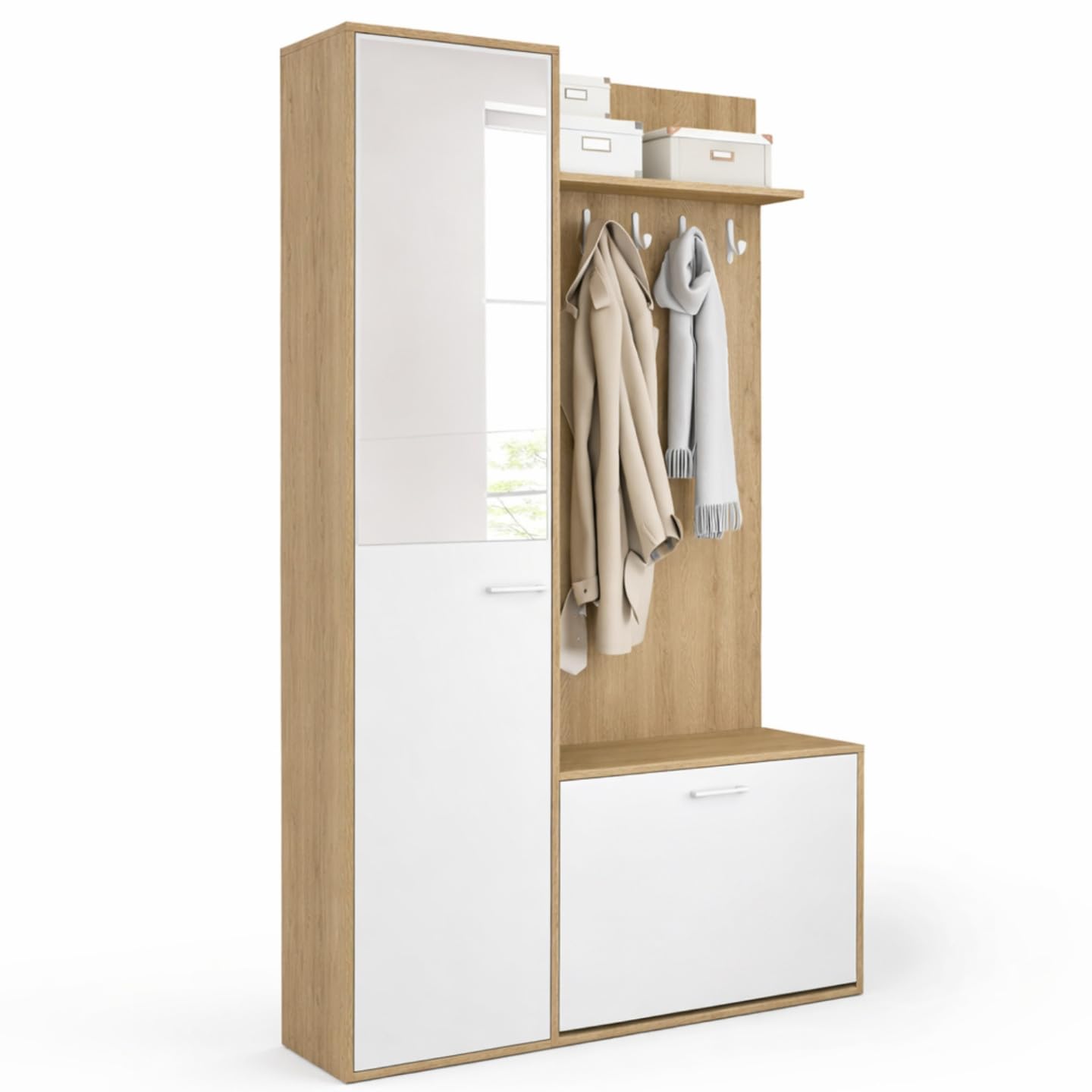 IDMarket – Armario de entrada para guardar zapatos con espejo y estantes MAHAUT 1 puerta efecto madera y blanco