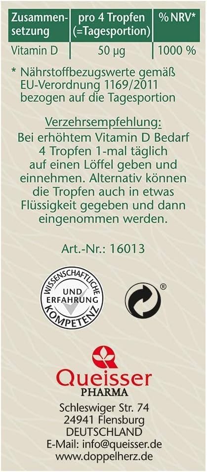 Doppelherz pure Vitamin D3 Tropfen – Vitamin D trägt zur normalen Funktion des Immunsystems bei – 9,2 ml
