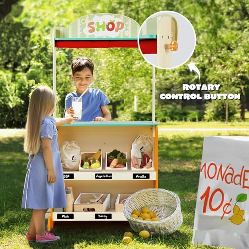 labebe - Deluxe Wooden Puppet Theater Bonus 2 Hand Puppet, ?2-in-1 Clock Theater Reversible Play Store, Double-Sided Lemonade Stand, Puppet Show Theater Toy with Chalkboard for Kids 36M+
