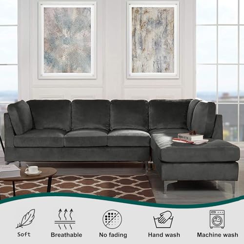 SYLC Samt Couch überzug L Form Sofabezug Ecksofa, Sofa Cover L Shape Stretch Mit Sitzkissen Rückenlehne, Universal Sofaüberwurf Waschbar (Dark Gray,Sofabezug 90-140cm)