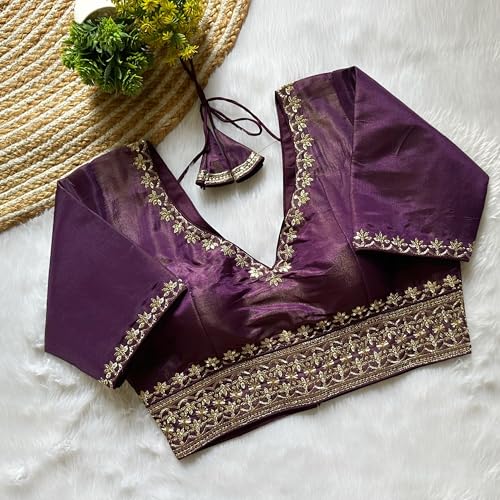 Image of Pujia Mills Women's Silk Jari Embroidery Sequence Work Round Neck Half Sleeve Readymade Blouse