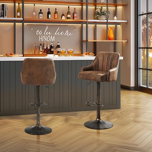 Image of VECELO Bar Stools Set of 2, Adjustable Bar Stools Counter Height Barstools with Back and Arm, Swivel Bar Chair Stools for Kitchen Counter Island Cafe Dining Room, Industrial Style, Dark Brown