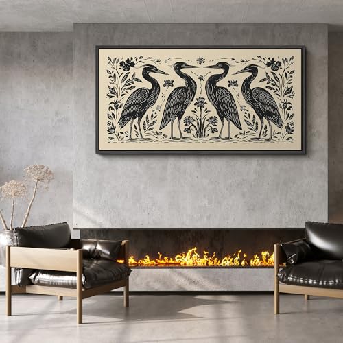 Image of MUDECOR Extra Large Framed Canvas Print Wall Art Folk Art Heron Birds Floral Black and Cream Antique Retro Ready to Hang Painting for Living Room Bedroom Multi-Sizes - 60 inchx30 inch