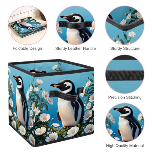 Boîte de rangement pliable durable pingouin mignon fleur en tissu - 5