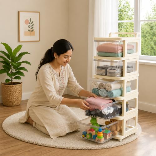 Image of URBAN LUXY Plastic Storage Drawer Organizer with Wheels | Multi-Purpose Chest of Drawers for Home, Office & Bedroom | Clothes, Toys & Stationery Organizer ((Ivory & Brown), 5 Layer)