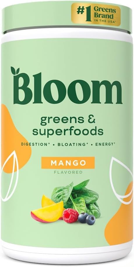 Bloom Nutrition Super Greens Powder Smoothie & Juice Mix - Probiotics for Digestive Health & Bloating Relief for Women, Digestive Enzymes with Spirulina & Chlorella for Gut Health (Mango)