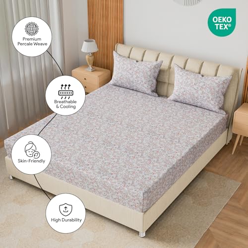 Image of LINENWALAS 100% Cotton 200 TC Queen Fitted Sheet with 2 Pillow Covers | 360 Elastic Bedsheet with 4-8 inch Deep Pocket - Soft Breathable Bedding (60x78 inch, Blush Meadow)