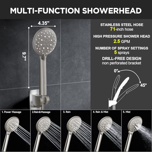 Image of Veken 11.8 inch Brushed Nickel Rain Shower Head with Handheld, High Pressure Handheld Shower Heads with Multi Spray Modes,Rainfall Combo with 15 inch Metal Extension Arm,Detachable Dual Shower,Regaderas Para