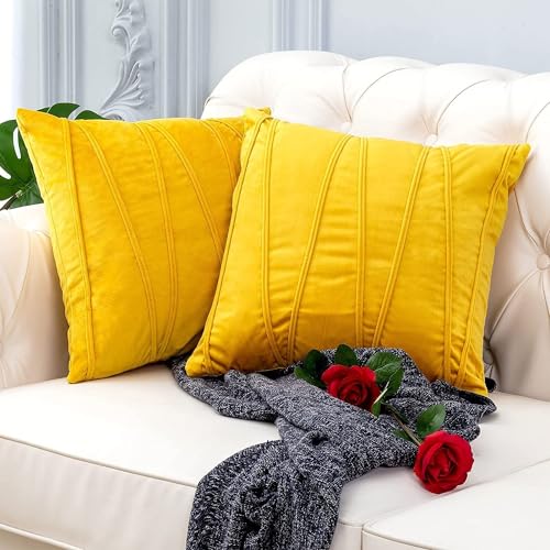 Image of Khooti Velvet Striped Cushion Cover Pack of 1-40 inchX40 inch /102X102 Cm | Orange Yellow | Soft Pillow Covers Cushion Case for Sofa Bedroom Living Room Chair Car, Cushion Cover with Zig Zag Pattern