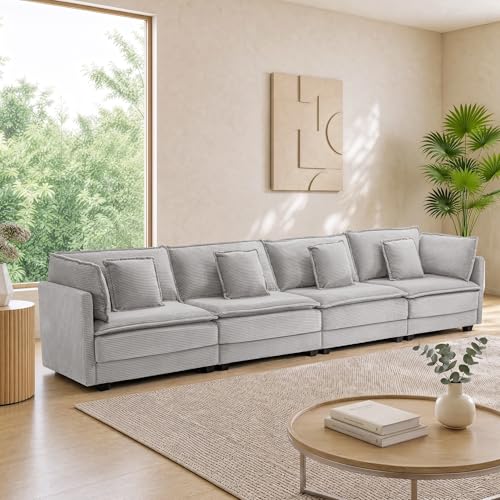 Image of Corduroy Sectional Couch, 4 Seater 149.2 inch Cloud Couch, Modular Deep Seat Sofa with Pillows for Living Room, Apartment, Lightgrey