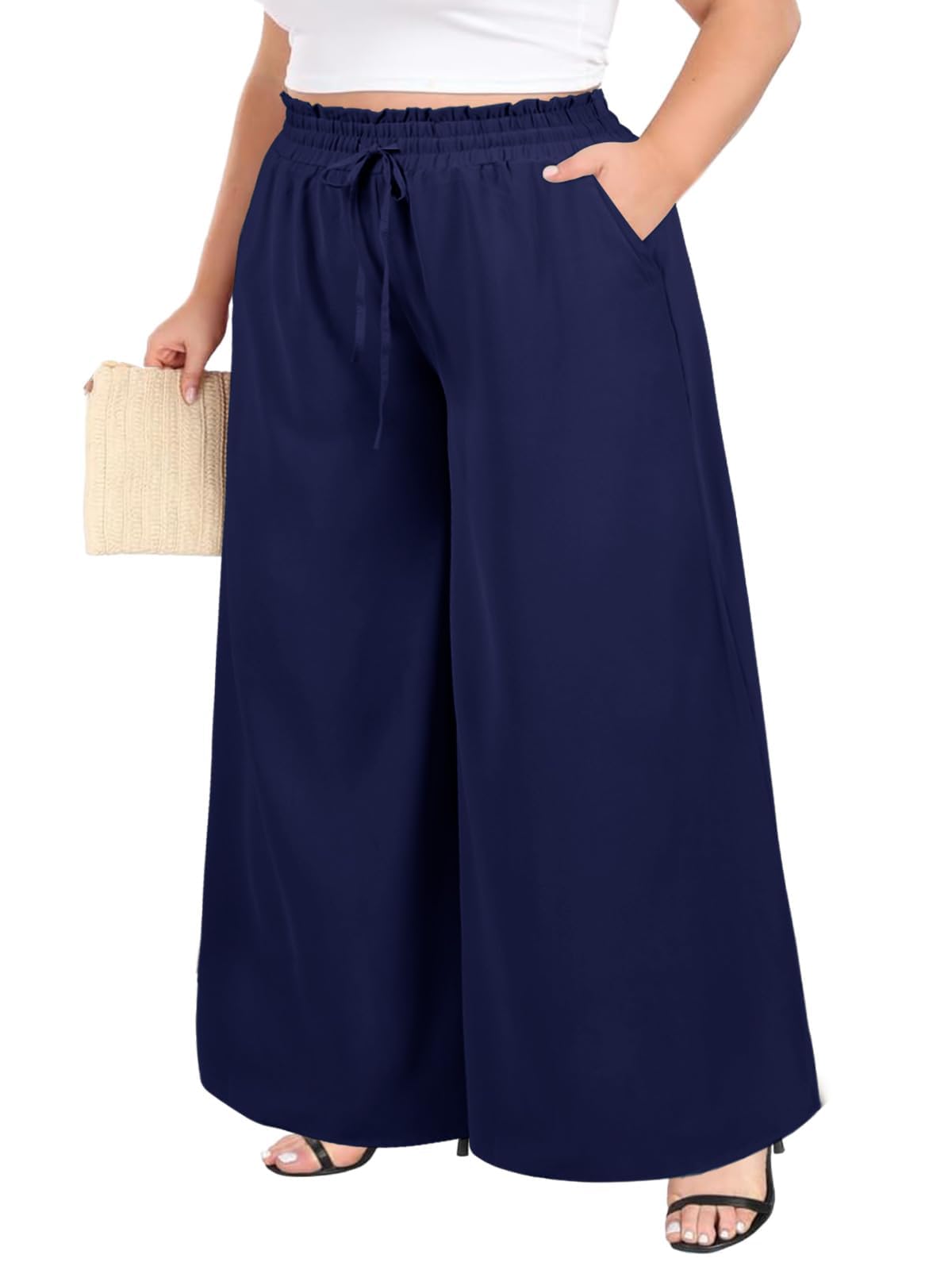 Moon Wood Damen Weite Stoffhose mit Taschen Sommer Lose Palazzo Hosen Hohe Taille Lounge Elegante Hose Große Größen