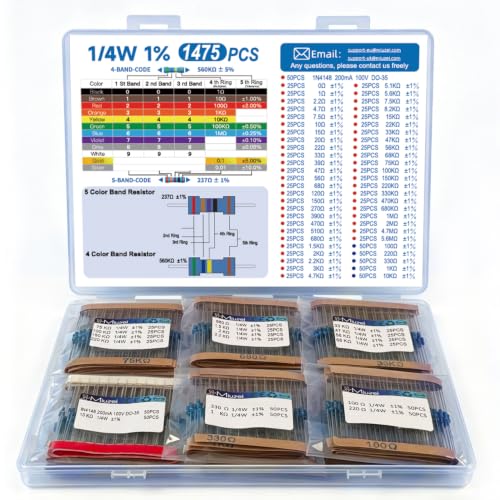 Miuzei 1475 Stück Widerstand Sortiment Enthält 52 Resistor Werte Kit 1/4W Hochgenaues Metallfilm 0 Ohm to 5,6M Ohm Widerstände Set 50 Stück IN4148 Switching Diodes Elektronik DIY-Projekt
