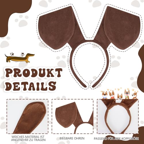 Jokureao 5Stück Welpen-Kostüm-Set, Hund Stirnband Ohren, Fliege, Schwanz, Pfote Handschuhe, Tier Welpen Hund Kostüm Set für Erwachsene Kinder Karneval Welttag des Buches Cosplay Party