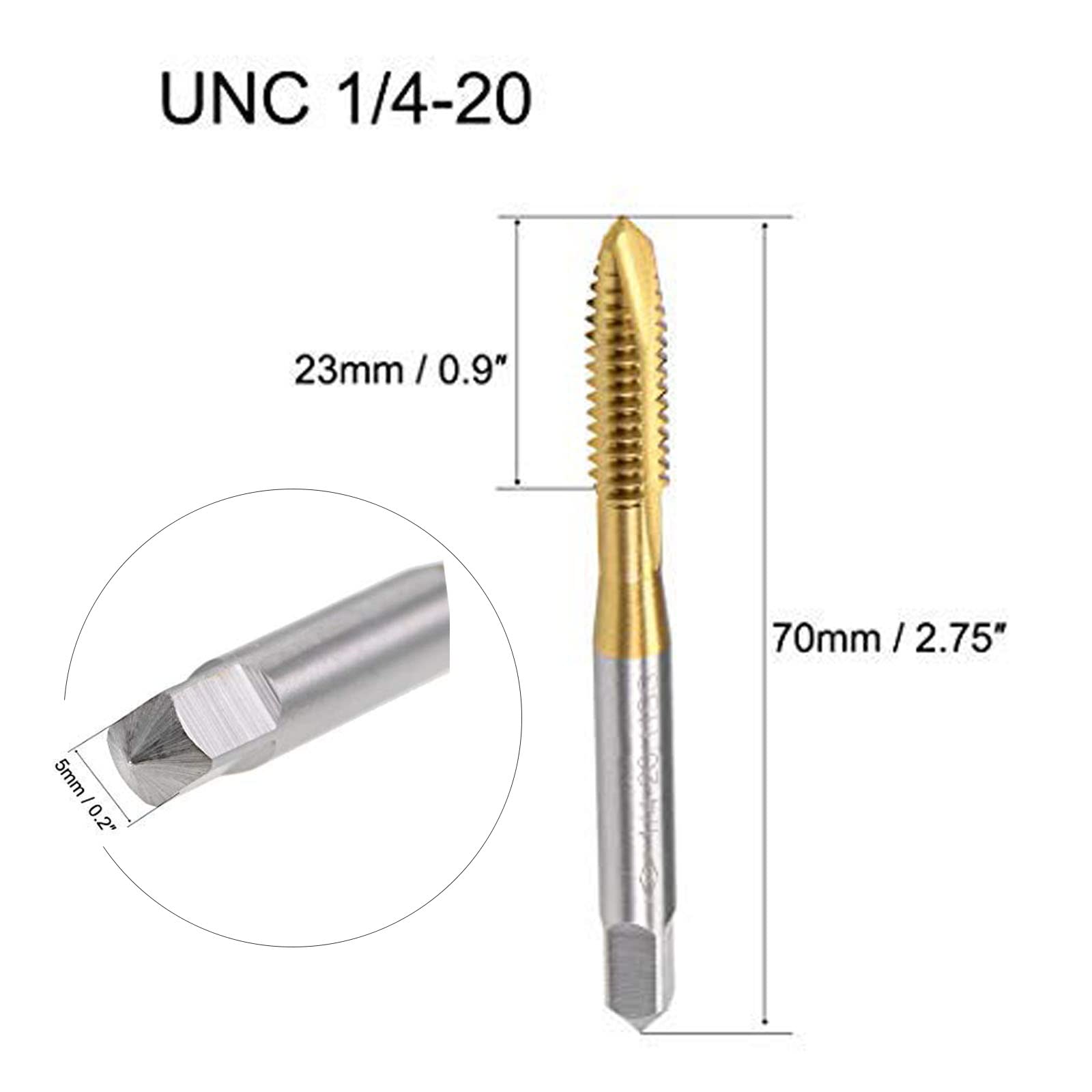 TA-VIGOR Filettatura A Spirale Spina Maschio UNC 1/4-20 X1.27mm Filo, Filettatura A Terra H2 3 Flauti, Acciaio HSS 6542, Attacco Rotondo Rivestito In Titanio