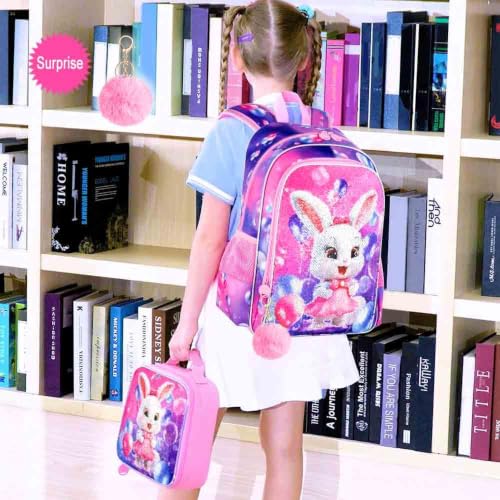 Image of 3Pcs Backpack for Girls, 16 inch Sequins Kids Bookbag with Lunch Box, Bunny School Backpacks for Elementary Preschool Kindergarten (Pink)