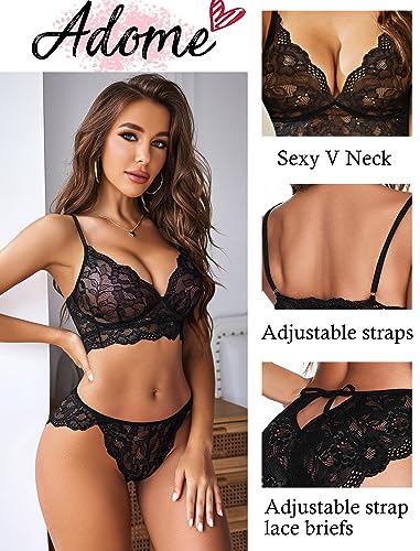 ADOME Women's Lace Lingerie Bra and Panty Set Strappy Babydoll Bodysuit S-XXL3