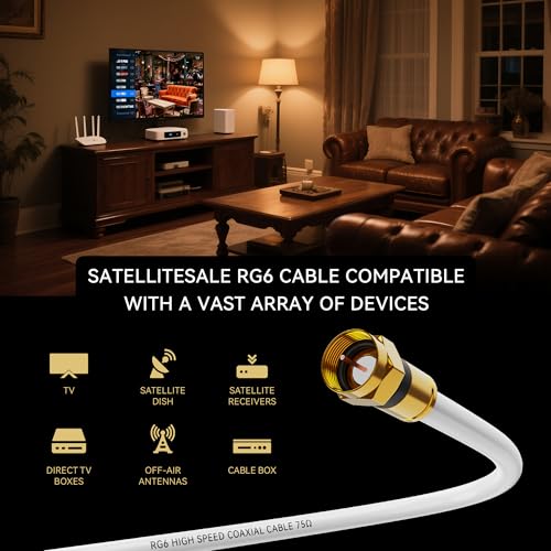 RG6 Coaxial Cable 1.5FT Gold-Plated F-Type Coax Cable Extender & Connectors, Stable Signal for 4K Ultra HD TV Antenna/Internet/Satellite/Cable Modem-3ft/6ft/10ft/25ft/50ft/100ft White