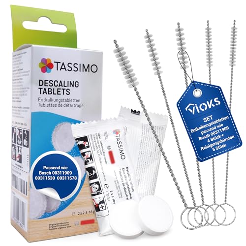 VIOKS Juego de 4 pastillas descalcificadoras para 2 aplicaciones, repuesto para pastillas descalcificadoras Bosch Siеmens 311909 + 5 cepillos de limpieza, limpiador antical con cepillos para cafeteras