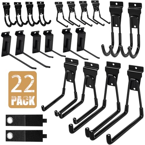 KOFANI Slatwall Accessories 22 Pack Heavy Duty Steel Slatwall Hooks Multi-Size Slat Wall Hanging Hooks for Ladders Bikes Garage and Garden Tools (ProSlat & Slatwall Panel Compatible)
