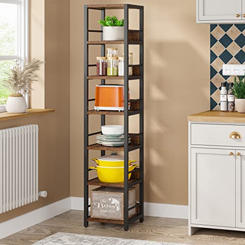 Image of Tribesigns 6-Tier Corner Shelf, 75 Inch Tall Narrow Bookshelf Storage Rack, Etagere Shelves Display Stand for Small Spaces, Rustic Open Bookcase Square Shelf Tower for Living Room Bathroom