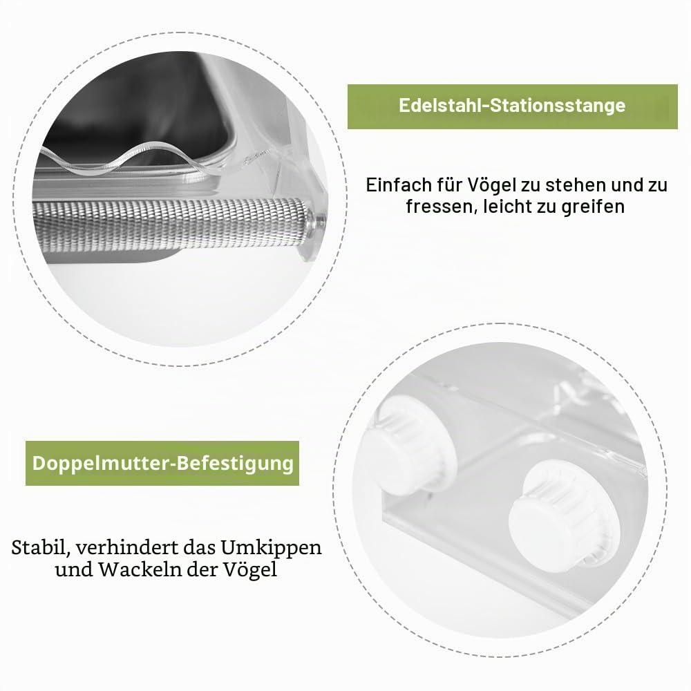 Vogelnapf für Papageien, Teilbarer Papageien-Futterbehälter, Vogel Futter- und Wassernapf mit Rutschfester Sitzstange, Hängende Sittichschale aus Edelstahl für Nymphensittiche, Unzertrennliche