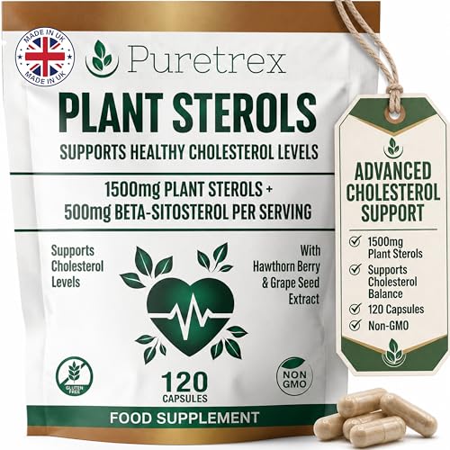 PURETREX Plant Sterols 2000MG Complex with Beta-Sitosterol - Supports Healthy Cholesterol Levels - with Hawthorn Berry & Grape Seed Extract - 120 Capsules - Gluten-Free & Non-GMO Food Supplement