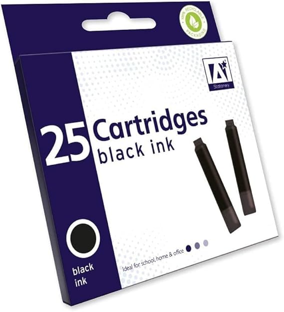 25 x Standard Sized Universal Black Fountain Pen Ink Cartridge Refills