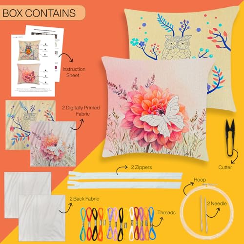 Image of picknMAKE Pack of 2 DIY Cushion Cover Hand Embroidery Kit for Beginners & Adults - Owl & Butterfly Medley | 16 inchx16 inch Cross-Stitch Pillow Covers with Digitally Printed Fabric, Threads, Hoop & More