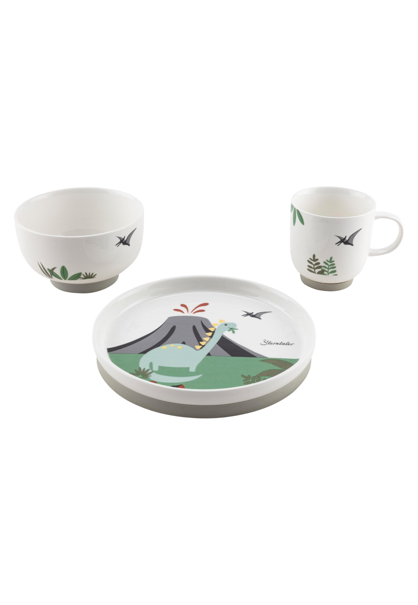 Sterntaler Geschirrset aus Porzellan Dino Rexi - Geschirr Set mit rutschfestem und abnehmbarem Silikonsockel - Baby und Kindergeschirr mit Teller, 400 ml Schüssel und 200 ml Tasse, weiß