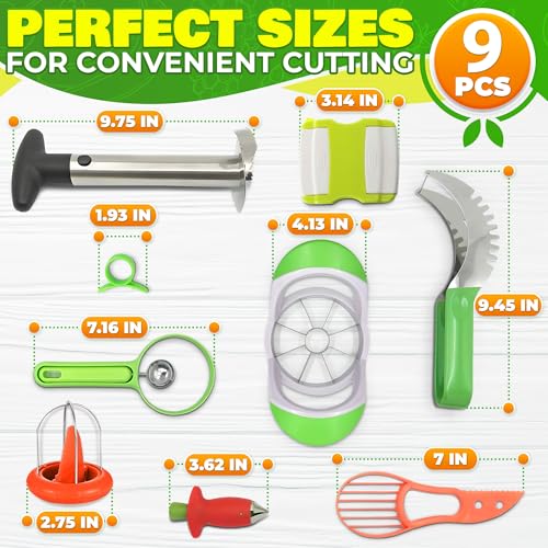 Image of 9 Pcs Fruit Slicer Set - Pineapple Corer and Slicer, Watermelon Cutter, Strawberry Huller, Apple Cutter, Avocado, Kiwi Tool and More - Stainless Steel Fruit Cutting Tools for Summer Parties and BBQs