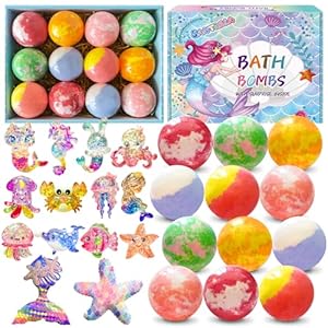 Bath Bombs for Kids with Surprise Inside, 12pcs Kids Bath Bombs with Mermaid Toys Gift Set for Girls, Shea & Coco Butter Dry Skin Moisturize, Handmade Fizzy Bubble Spa Bath Ball for Birthday Christmas